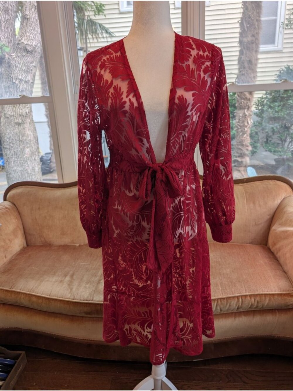 Amber Skies Red Open Front Lace Floral Kimono Duster Size M Loungewear Cover up